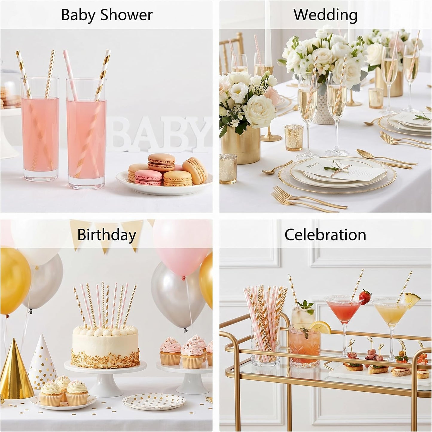 ALINK Biodegradable Paper Straws, 100 Pink and Gold Straws for Party Supplies, Birthday, Wedding, Bridal/Baby Shower, Christmas Decorations and Holiday Celebrations