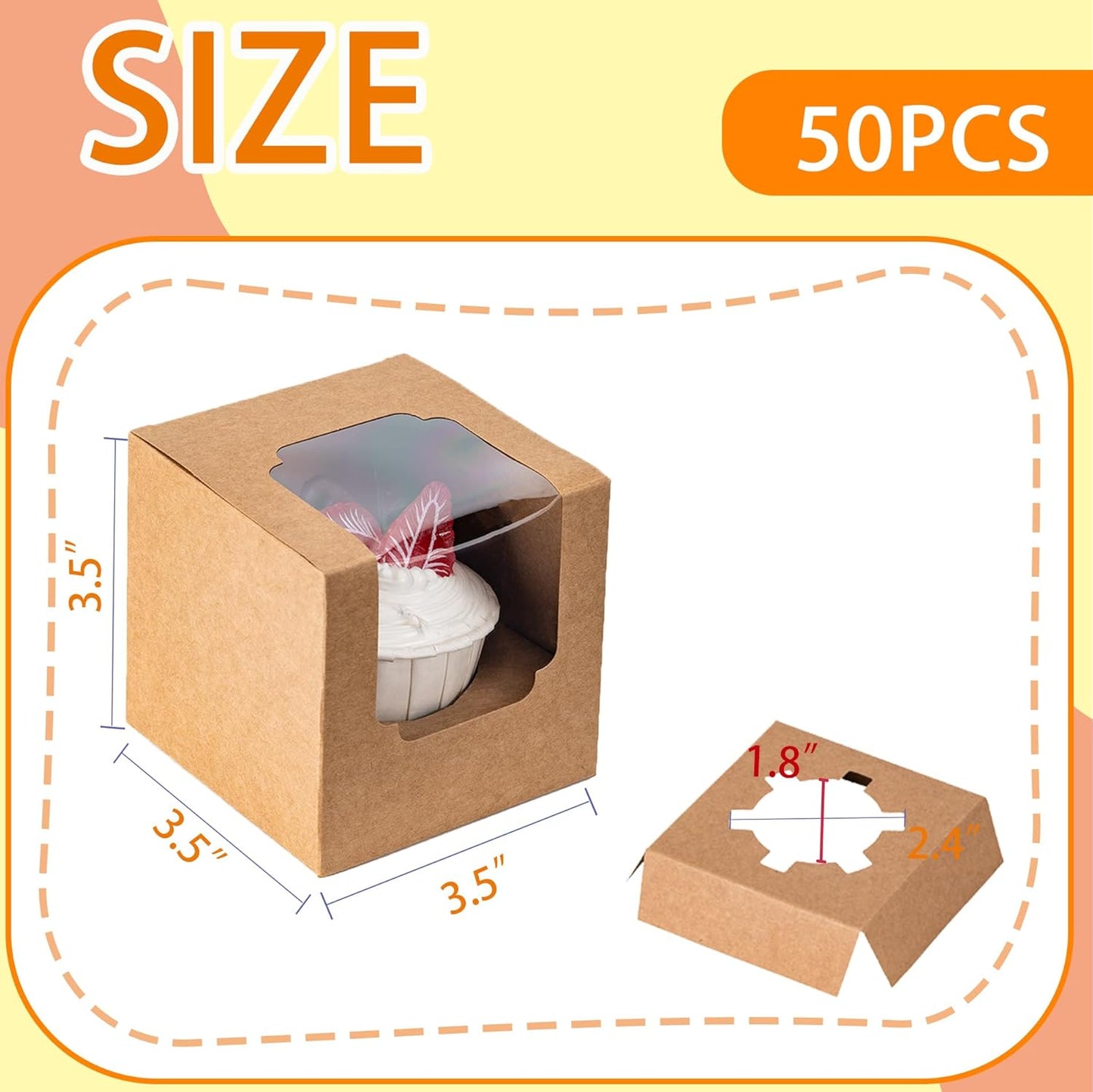 BOOMIBOO 50 Pack Individual Cupcake Containers, Cupcake Boxes with Window, Food Grade Cupcake Holders with Inserts, Stackable Deep Cupcake Carrier (White)