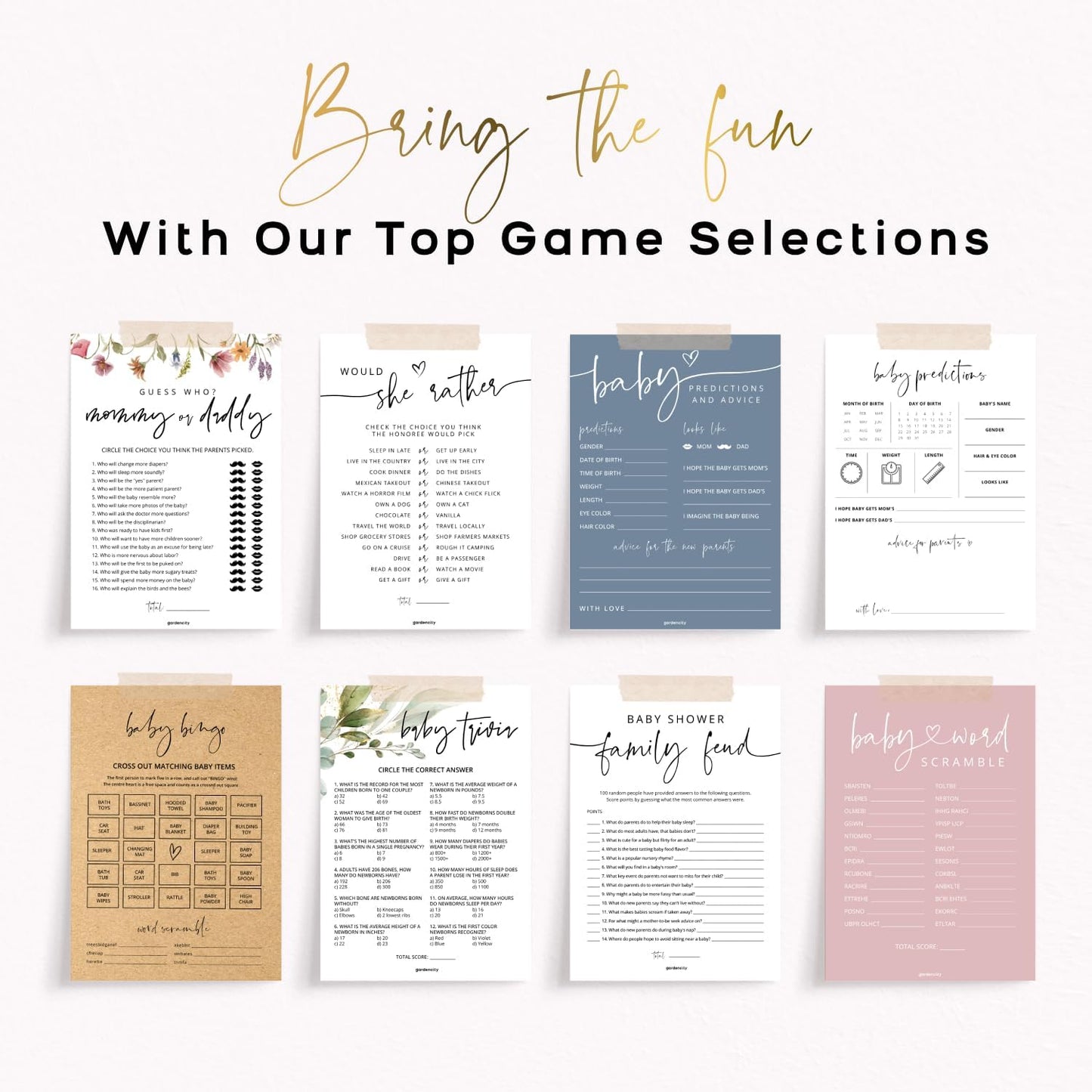 GardenCity Baby Bingo, Fun Baby Shower Games for Girl (50 Unique Cards), Pre-Filled, Perforated Calling Cards, Gender Neutral (Wildflower)