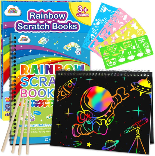 ZMLM Scratch Paper Art-Crafts Gift: 2 Pack Rainbow Notebooks Supplies Toys Easter Basket Stuffers for 3 4 5 6 7 8 9 10 Years Old Girls and Boys Kids Valentine's Day Birthday Party Travel Games (Pink)