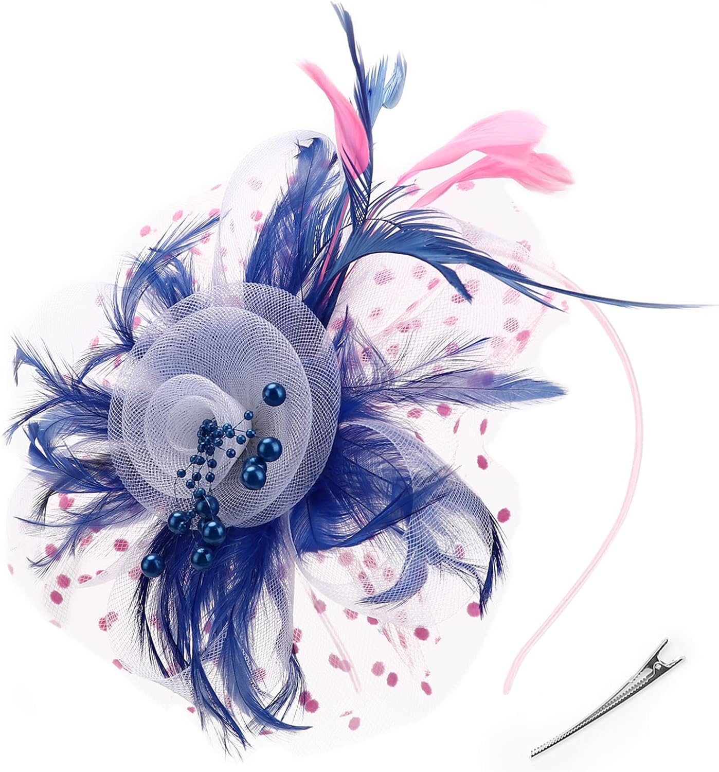DRESHOW Fascinators Hat Flower Mesh Ribbons Feathers on a Headband and a Clip Tea Party Headwear for Girls and Women - Colors B