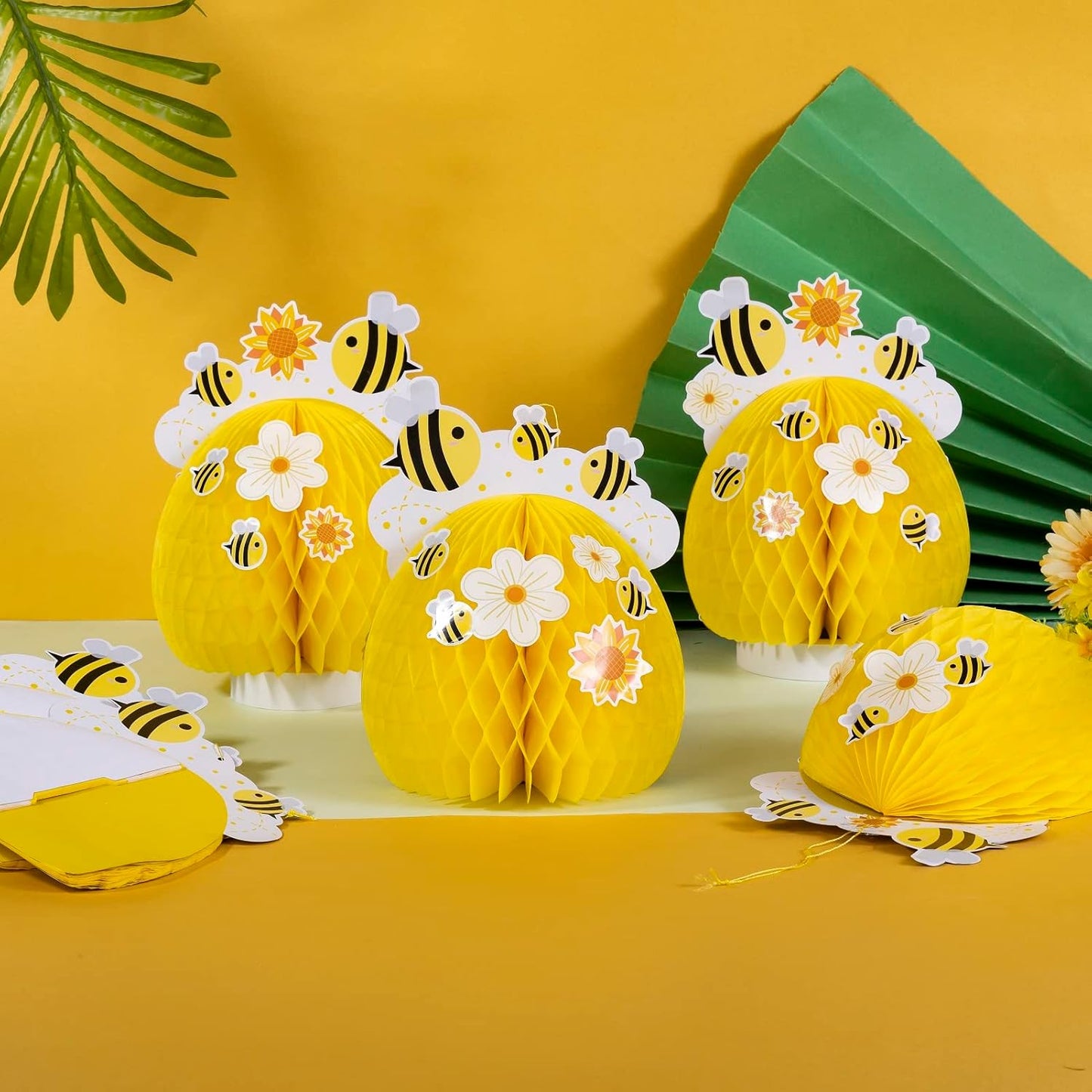 SUNBEAUTY 4PCS Honey Bee Honeycomb Centerpieces Decorations Yellow Bee Honeycomb Table Centerpieces with Sunflower Stickers for Baby Shower Birthday Gender Reveal Birthday Decoration