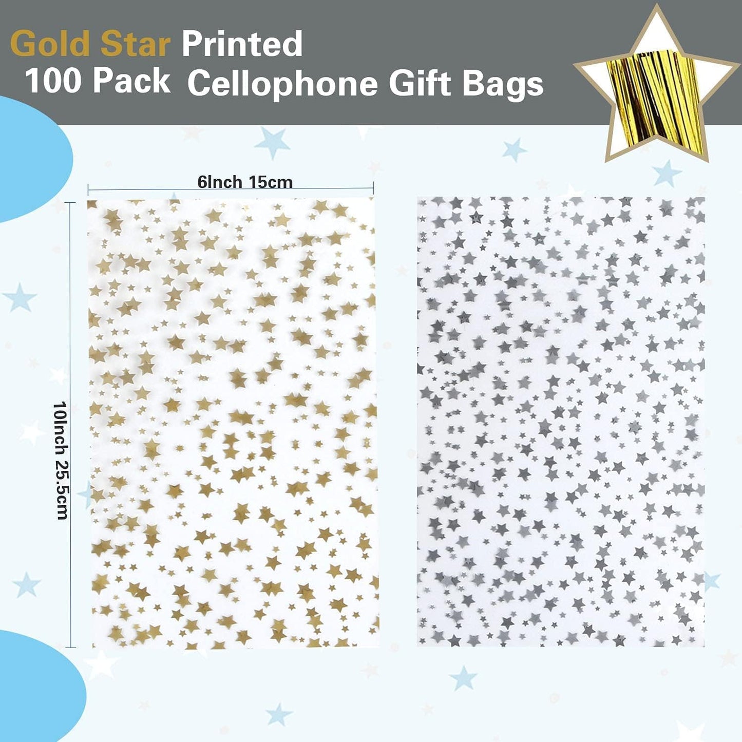 100 Pcs Star Printed 5"X 7" Gift Wrap Cello Cellophane Treat Bags Party Favor bags Clear Candy Cookie Bag Plastic Poly Goodie Storage Bag with Twist Ties for Bakery,Birthday, Wedding ,Party Decorations (Gold)