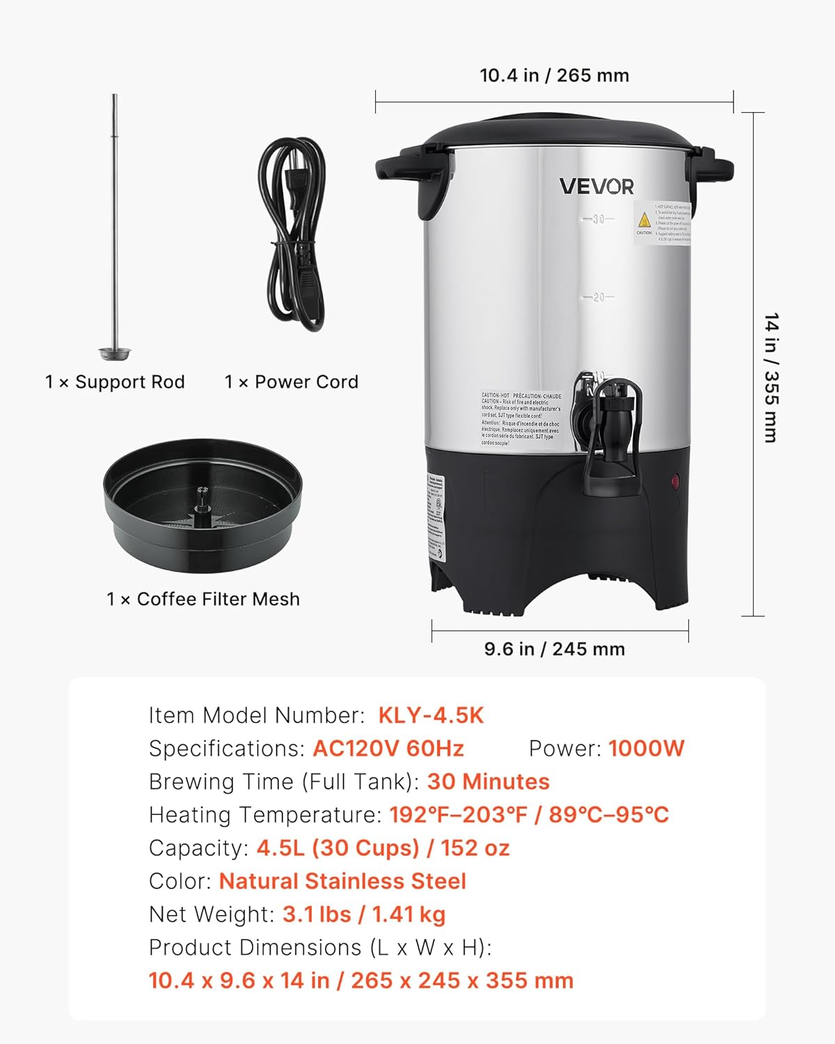 VEVOR Commercial Coffee Urn, 60 Cup 9 L Hot Beverage Dispenser with Dripless Faucet, Quick-Brewing Stainless Steel Large Commercial Coffee Maker, for Catering, Business, Party, Church & Restaurant