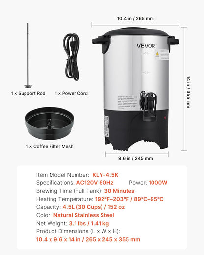 VEVOR Commercial Coffee Urn, 60 Cup 9 L Hot Beverage Dispenser with Dripless Faucet, Quick-Brewing Stainless Steel Large Commercial Coffee Maker, for Catering, Business, Party, Church & Restaurant