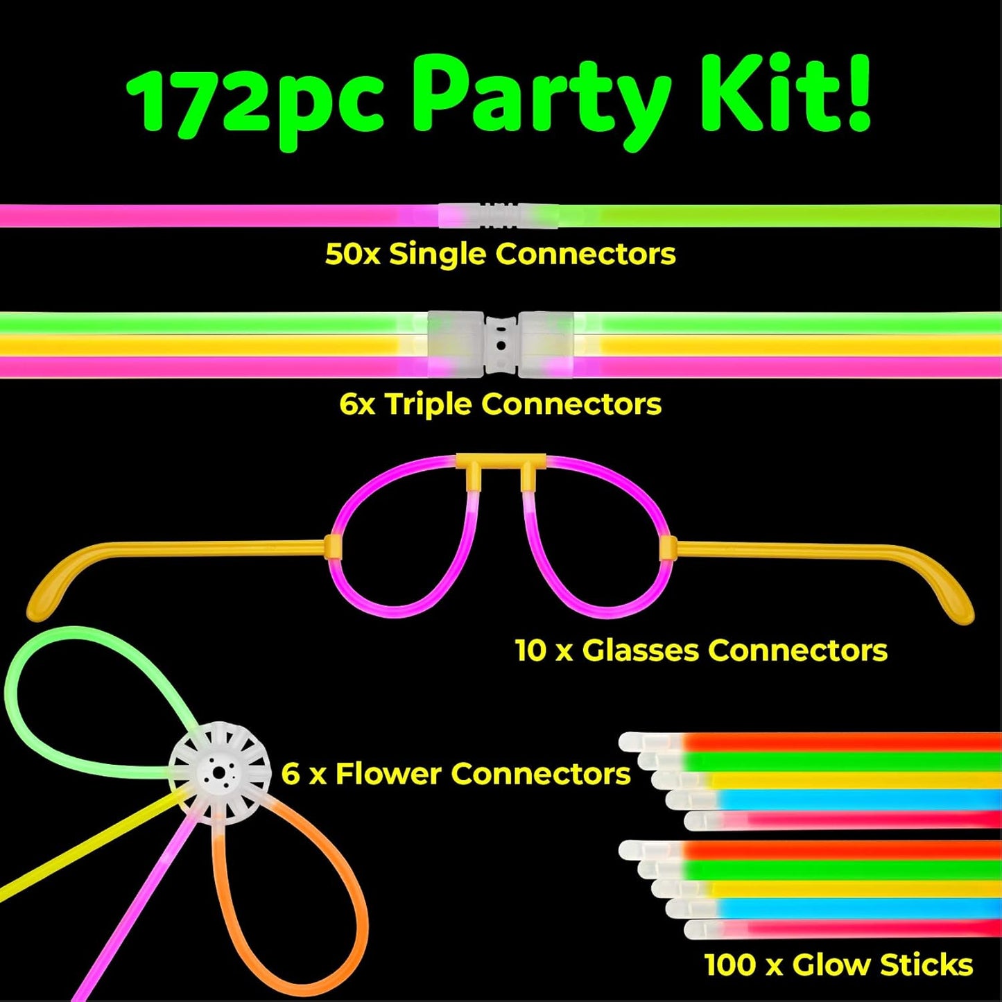 PartySticks Ultra Bright Bulk Party Supplies - Glow in The Dark Glow Sticks with Eye Glasses, Bracelets, and Connectors - Light Up Halloween 4th of July Party Favors