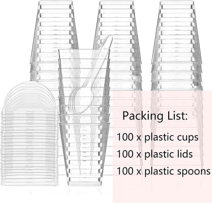 50Pack 5oz Plastic Dessert Cups with Lids and Spoons, Square Clear Parfait Appetizer Cups, Mini Reusable Shooter Serving Cups, Party Dessert Shot Glasses for Tasting