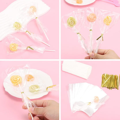 600 Pcs Cake Pop Sticks and Wrappers Kit, Including 6 Inch Paper Lollipop Sticks，4 x 6 Inches Clear Candy Treat Bags, Plastic Cake Pop Bags and Gold Twist Ties Chocolate Pops Making Accessories