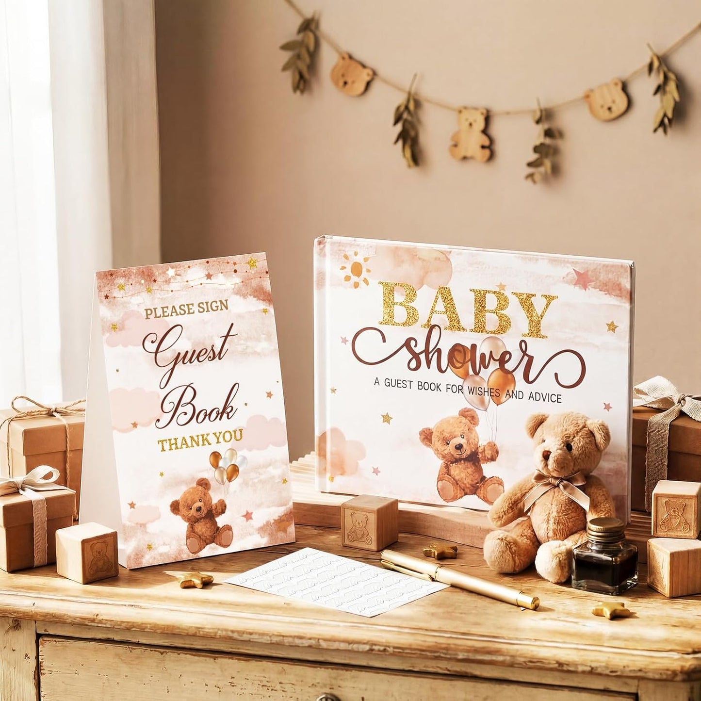 Fuyoooo 27 Pcs Safari Animal Baby Shower Guest Book Set Baby Shower Sign in Guest Floral Book Place Table Cards with Gold Pen Adhesive Photo Corner for Birthday Party