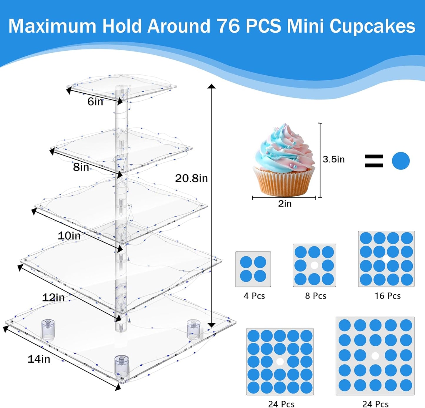 YestBuy Cupcake Stand with Yellow Led Lights, 4 Tier Cupcake Stand for 50 Cupcakes, Acrylic Cupcake Tower Stand, Clear Tiered Cupcake Holder for Birthday Cady Bar Décor Weddings, Parties Events