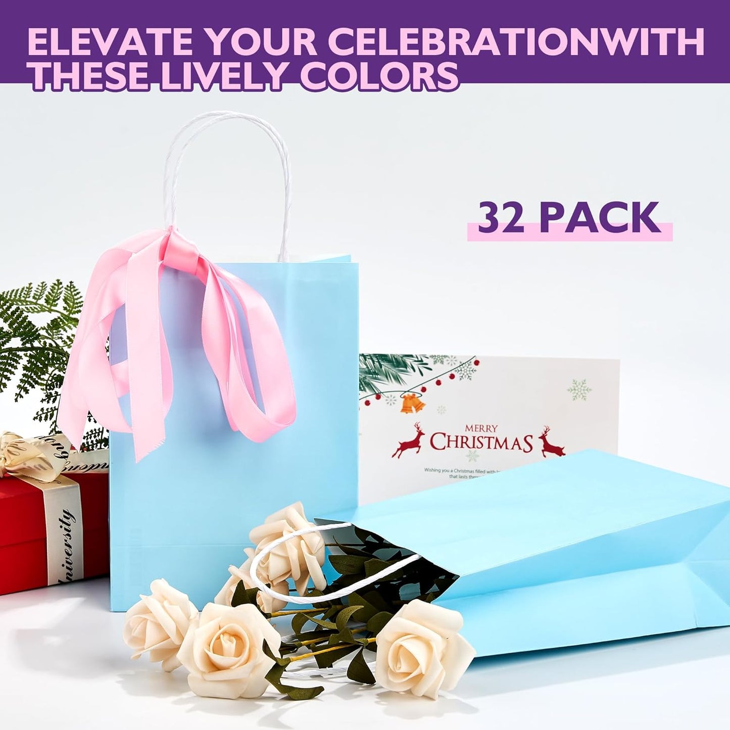 32 Pack Paper Gift Bags with Handles, 5.8"×3.2"×8.25" Party Favor Bags, Gift Bags, Small Gift Bags with Handles, Party Bags, Small Goodie Bags Bulk for Birthday, Crafts, Wedding, Party Supplies (8 Colors)