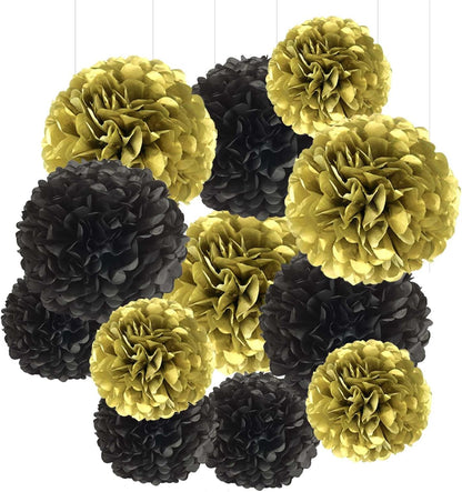 Purple & Gold Tissue Paper Pom-Poms - Hanging Paper Pompoms Flower Ball Wedding, Birthday Party Decoration (6pcs 12in & 10in)