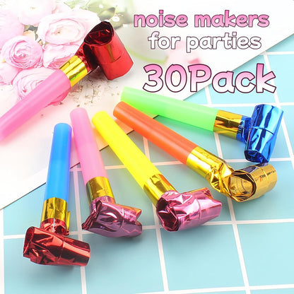 30-Pack Colorful Party Blowouts Noise Makers - Squawker Horns for Birthday, Wedding, New Year, Graduation - Fun Creative Toy Whistles with Automatic Roll-Out & Durable Material (Random Colors)