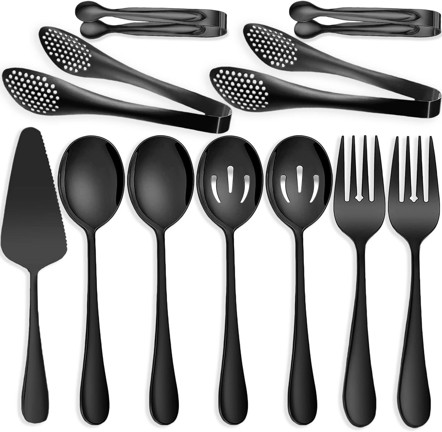 11 PCS Serving Utensils, Large Stainless Steel Spoons Forks Tongs, Pie Server, Great for Hostess Buffet Catering Banquet Party, Silver