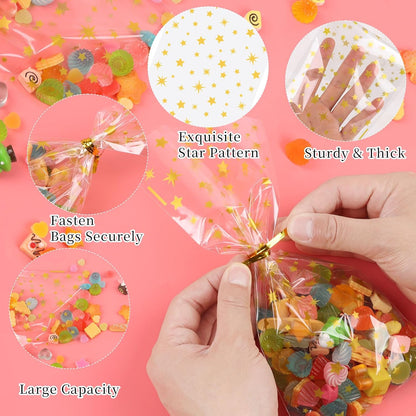 CCINEE 150 Pcs Cellophane Treat Bags, 5 X 11 Inches Gold Star Print Clear Gift Wrap Candy Bags Goodie Bags with Twist Ties for Wedding, Birthday Party Favors, Bakery, and Gift Packaging