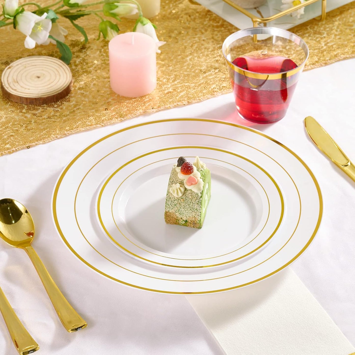 FOCUSLINE Silver Plastic Plates Set of 60, Disposable Plates with Silver Rim 30 Dinner Plates 10" and 30 Salad Dessert Appetizer Plate 7", Elegant Fancy Heavy Duty Wedding Party Plates