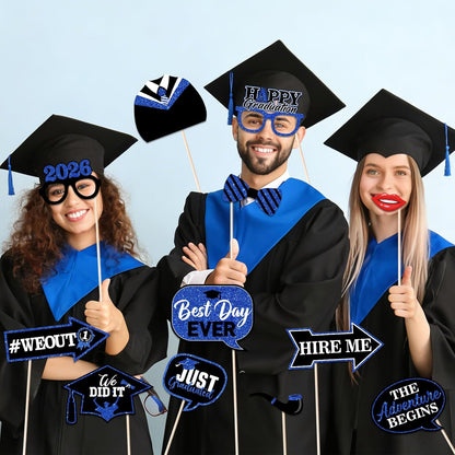 46Pcs Blue Gold Graduation Photo Booth Props 2026 Graduation Decorations with Sticks Class of 2026 Grad Party Favors Supplies for High School & College