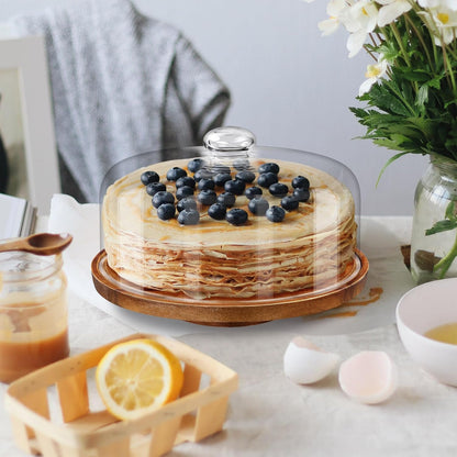 Yangbaga Glass Cake Stand with Lid,11in Wooden Rotating Cake Stand with Dome Cover, Cake Plate Display Server Tray for Birthday Kitchen Party
