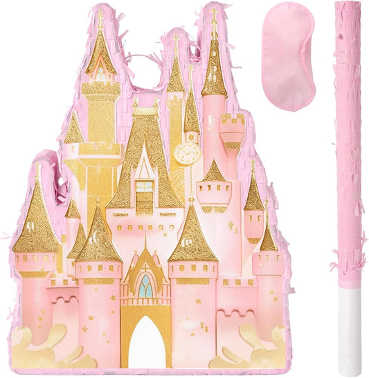 Princess Castle Pinata - Pink Castle Pinata with Blindfold and Bat for Girls Kids Princess Theme Birthday Party Game Decorations (16.7”x11.8”x3”)