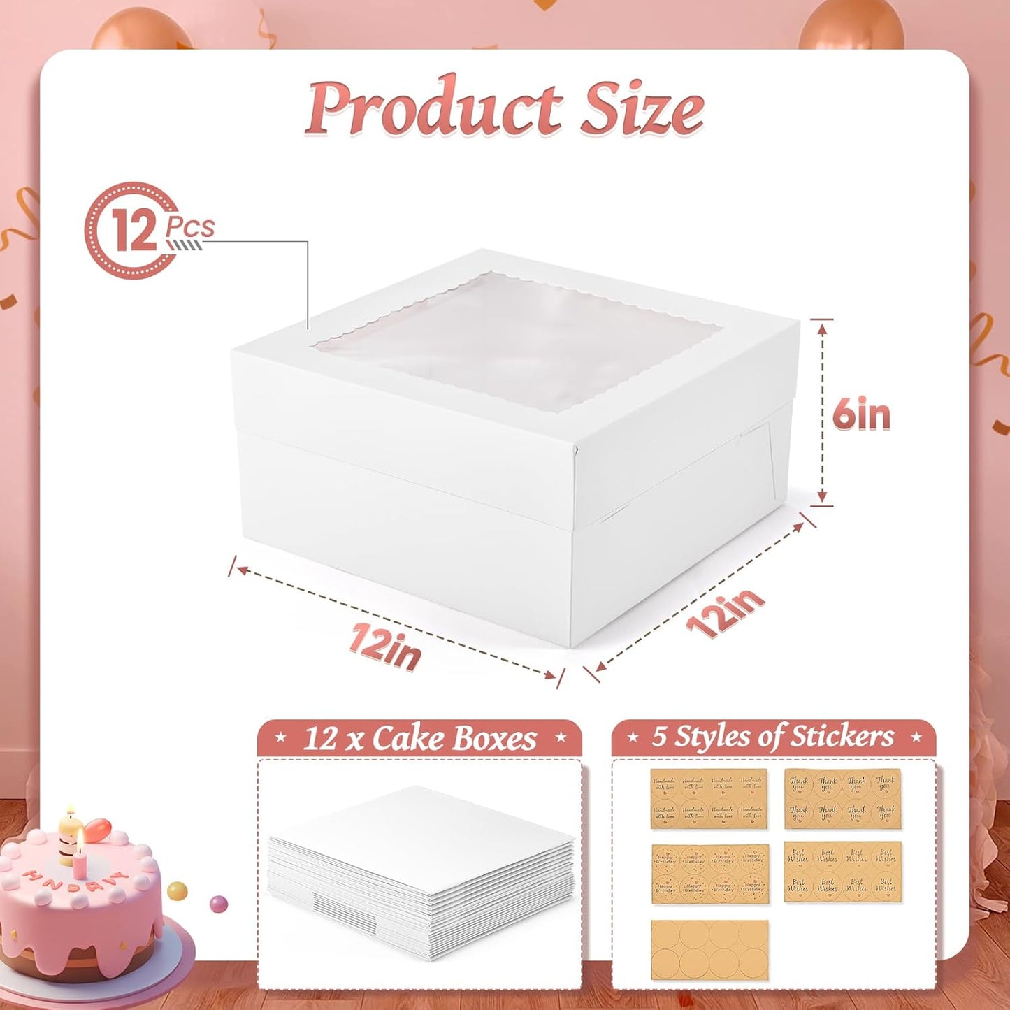12Pcs 8x8x8 Inches Cake Boxes, Pink Square Bakery Boxes with Window, Disposable Cake Carrier Container for Pastries, Pie, Cookies, Chocolates, Cupcakes, Birthday Party, Wedding