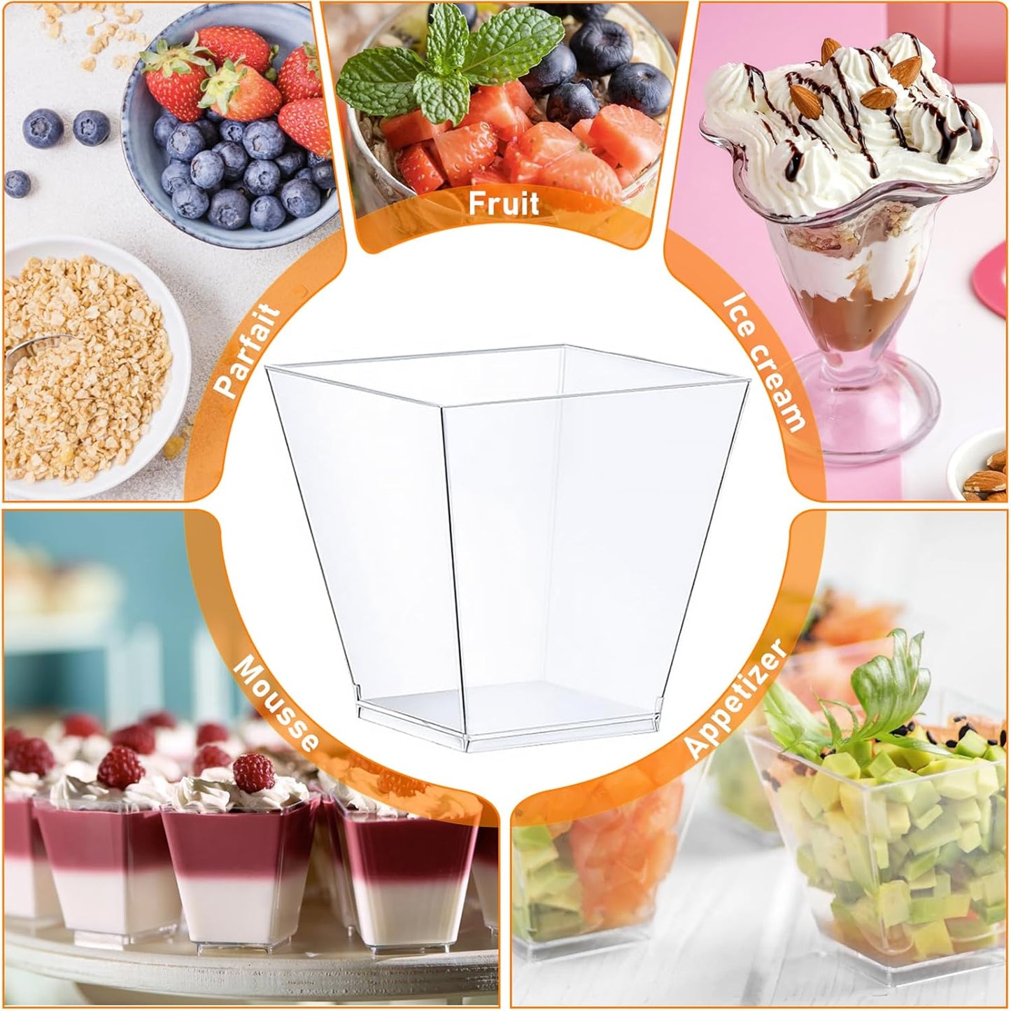 supernal 100pcs Square Plastic Dessert Cups (4oz) with 100pcs Mini Gold Spoons, Plastic Parfait Appetizer Cup, Medium Clear Dessert Cups Perfect for Cakes, Ice Cream, Desserts Appetizers