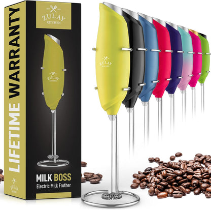 Zulay Kitchen Powerful Milk Frother AA Batteries Included – Ultra Fast Handheld Drink Mixer with Stainless Steel Whisk Stirrer for Coffee, Protein, Matcha & More, Frother Wand Electric Frothmate Black - Colors E