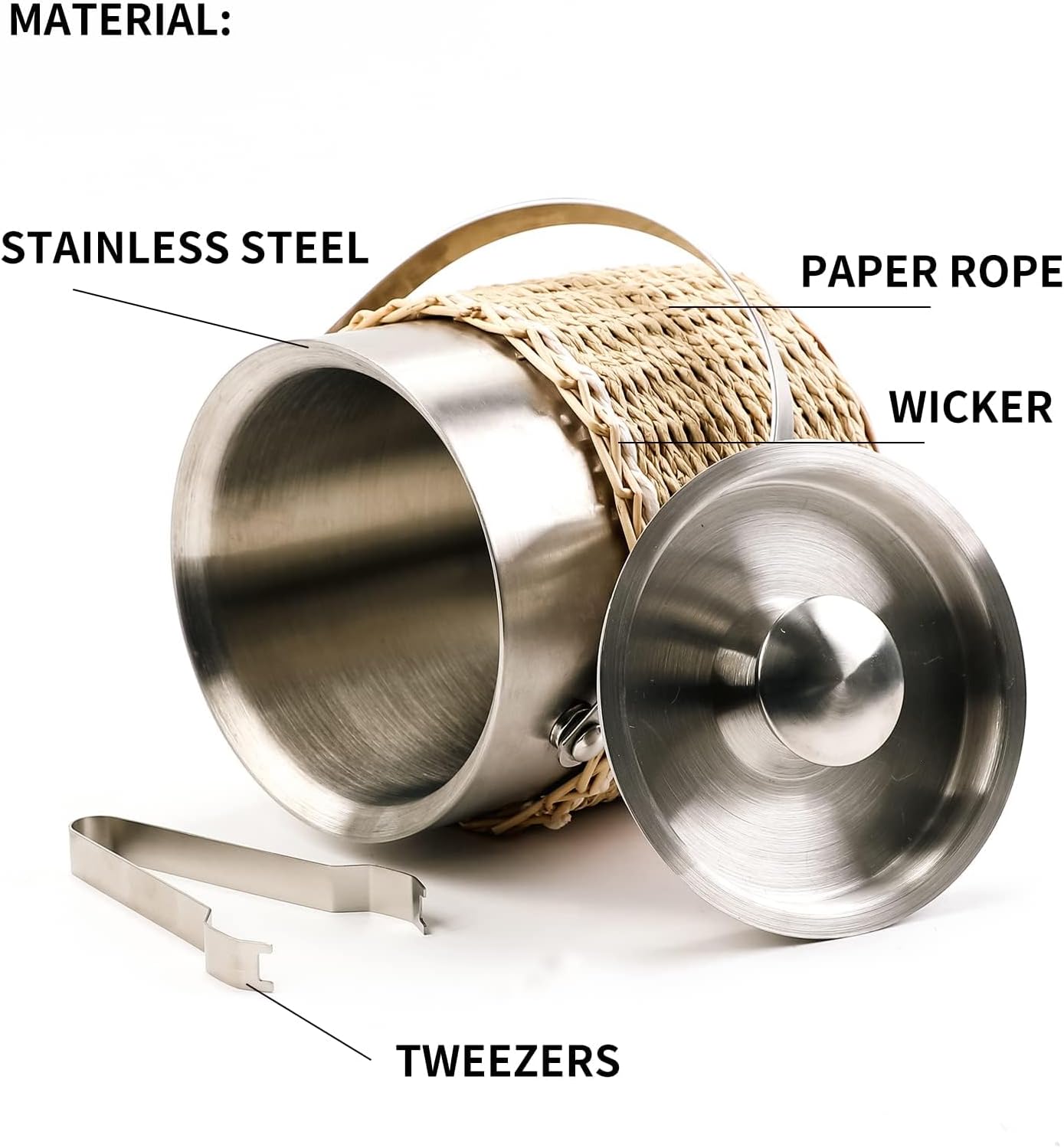 Handwoven 3L Stainless Steel Ice Bucket with Lid and Ice Tongs, Large Insulated Chilling Bucket Handcrafted Wicker Paper Rope for Party Wedding Home Bar Decor