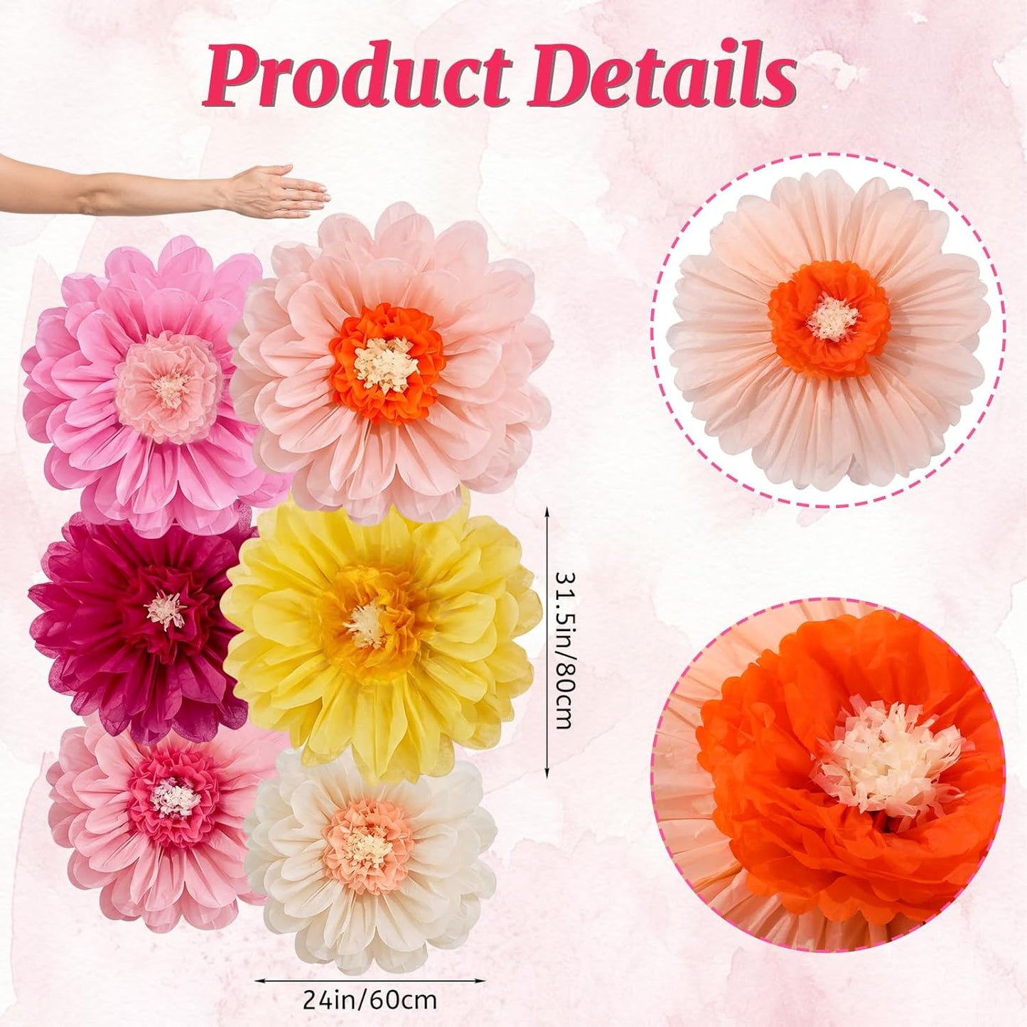 Giegxin 20 Pcs 31.5'', 23.6'', 11.8'', 9.8'' Pink Giant Paper Flower Boho Large Tissue Flower for Wall Pink Pom Pom Floral Decoration for Wall Wedding Bridal Shower Classroom Tea Party Birthday Decor