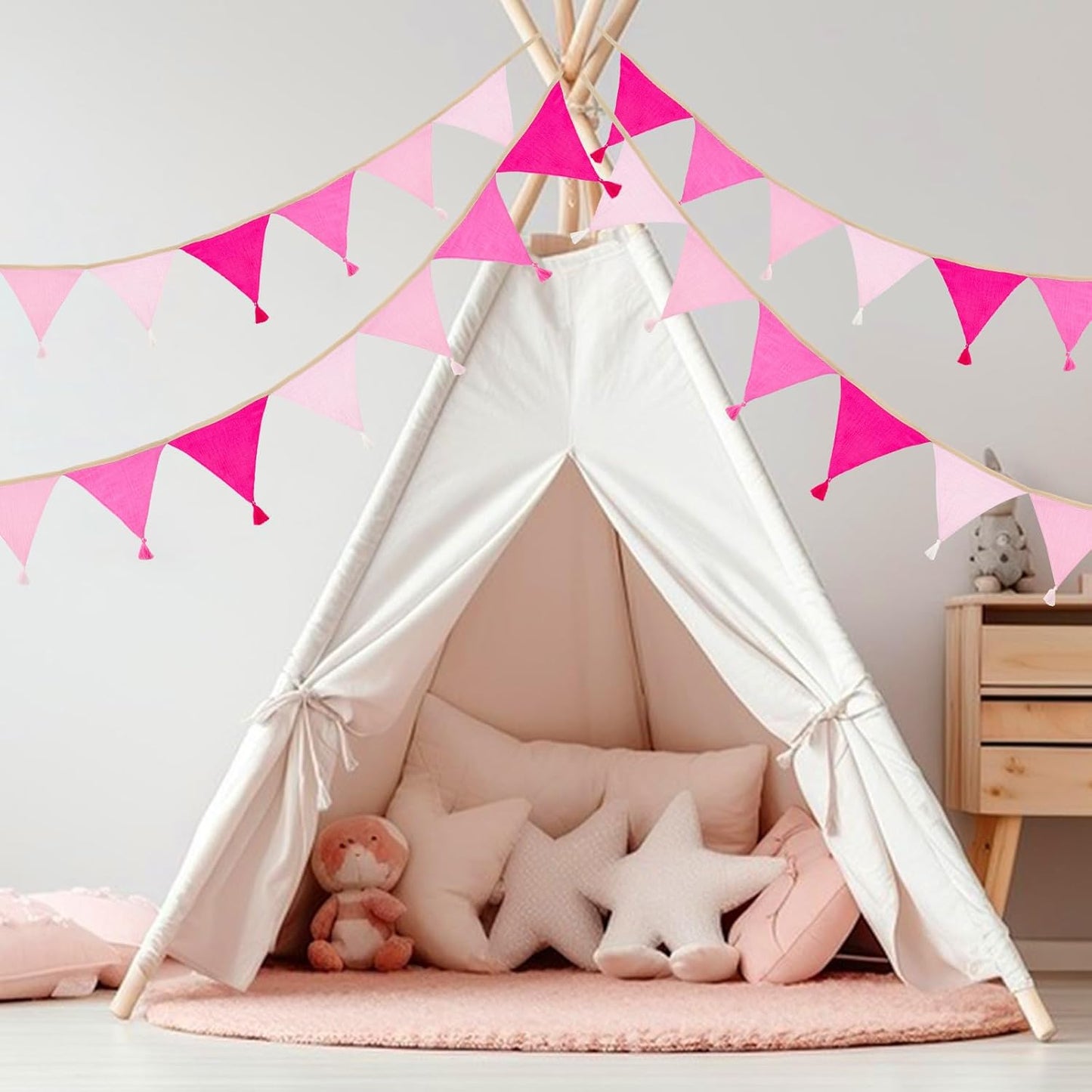 G2PLUS Cotton Fabric Bunting Banner, 9Ft Green Triangle Pennant Banner Flag, 12pcs Double-Sided Bunting Garland with Tassels for Birthday, Nursery, Baby Shower, Classroom Hanging Decor