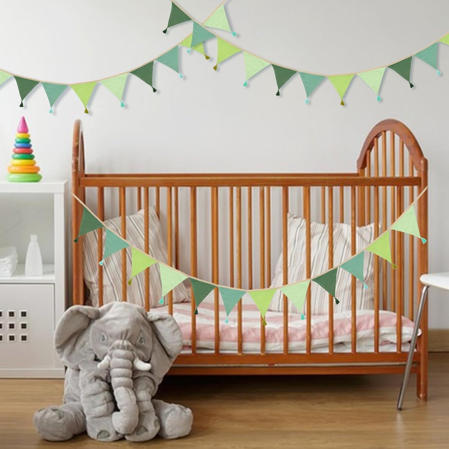 G2PLUS Cotton Fabric Bunting Banner, 9Ft Green Triangle Pennant Banner Flag, 12pcs Double-Sided Bunting Garland with Tassels for Birthday, Nursery, Baby Shower, Classroom Hanging Decor