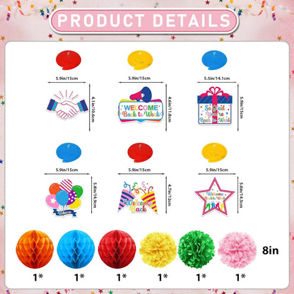 Welcome Back Decorations for Office Welcome Back to Work Decorations with Banner Circle Dot Garland Hanging Swirls Pompoms for Office Party Decor Sign