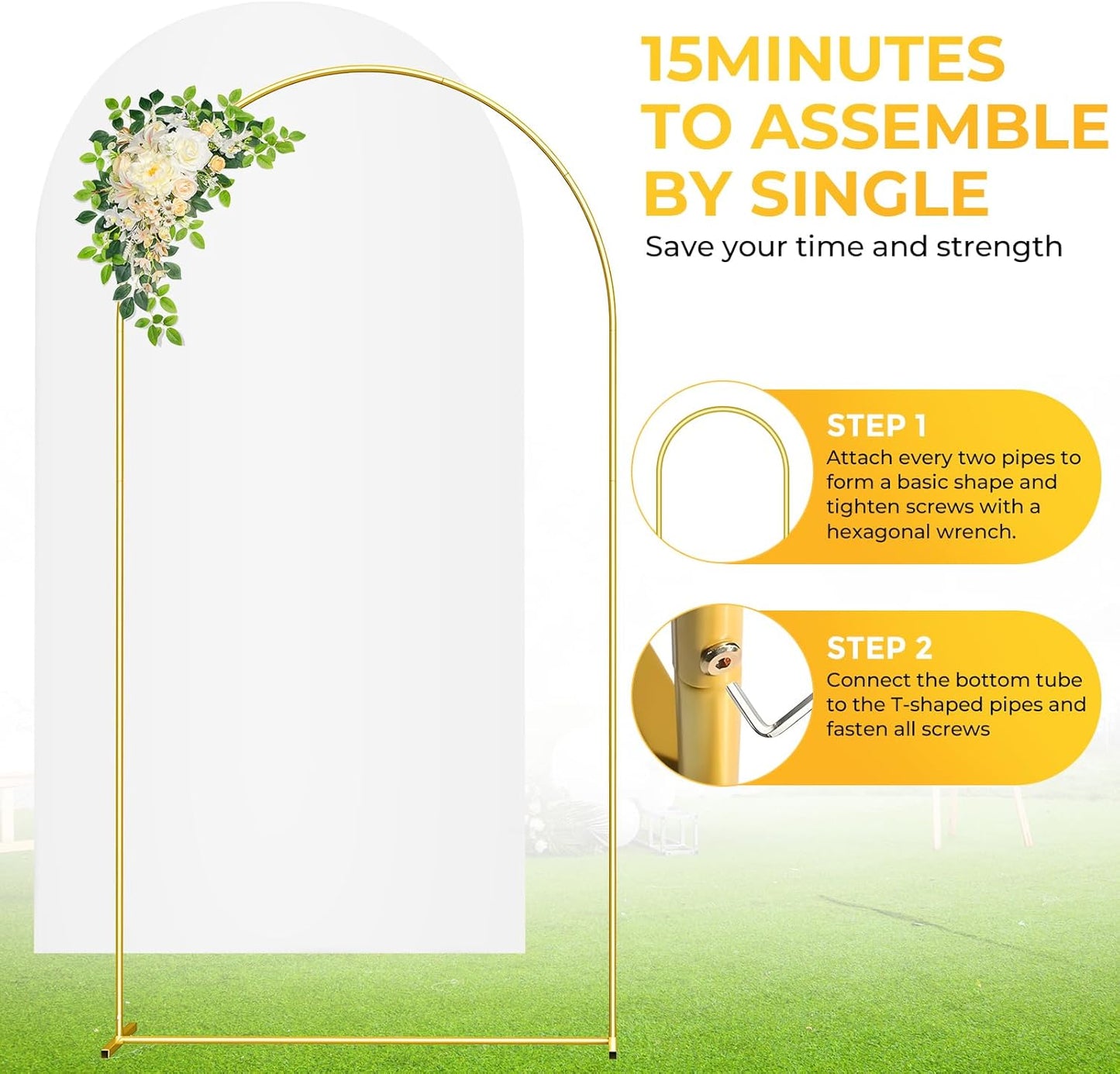 7.2FT Metal Arch Backdrop Stand and Cover Set, Gold Wedding Backdrop Arch Stand with Cover, Balloon Arch Stand with White Arch Cover for Birthday Party Baby Shower Graduation Ceremony Decorations