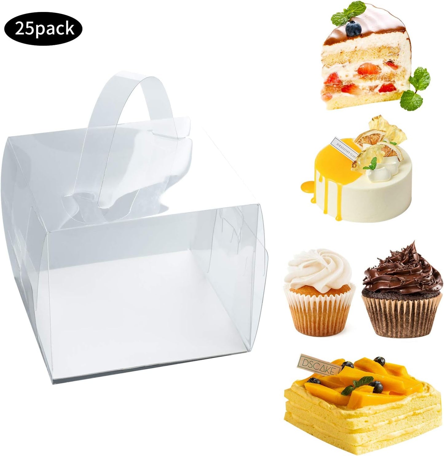 BURLIHOME 25Pcs Clear Cake Box,5x5x4Inch Bakery Boxes with Handle,Party Favor Boxes Ideal for Pie Cookie Candy, Pastry Boxes for Birthday Wedding