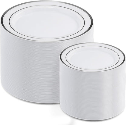 AOZITA 200 PCS White Plastic Plates, Premium Heavy Duty Disposable Plates for Party, 100 Dinner Plates & 100 Salad Dessert Plates, Sturdy Hard Plastic Dinnerware for Wedding, Events