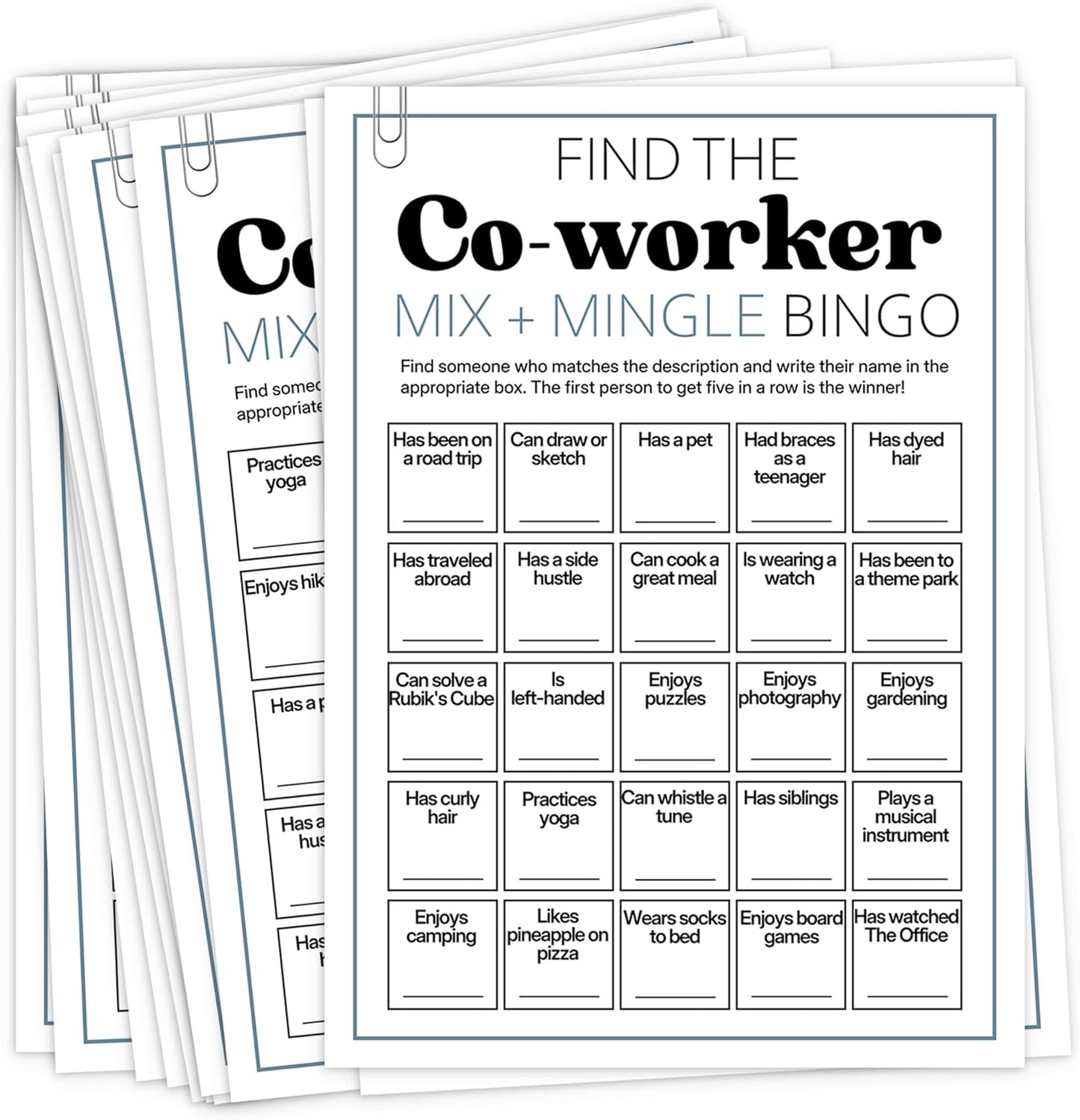 Team Building Games for Work Adults – Find Someone Who Bingo Game, 25 Unique Human Bingo Cards 5x7 Inch, Ice Breaker & Office Games for Parties, Meetings & Events - A05