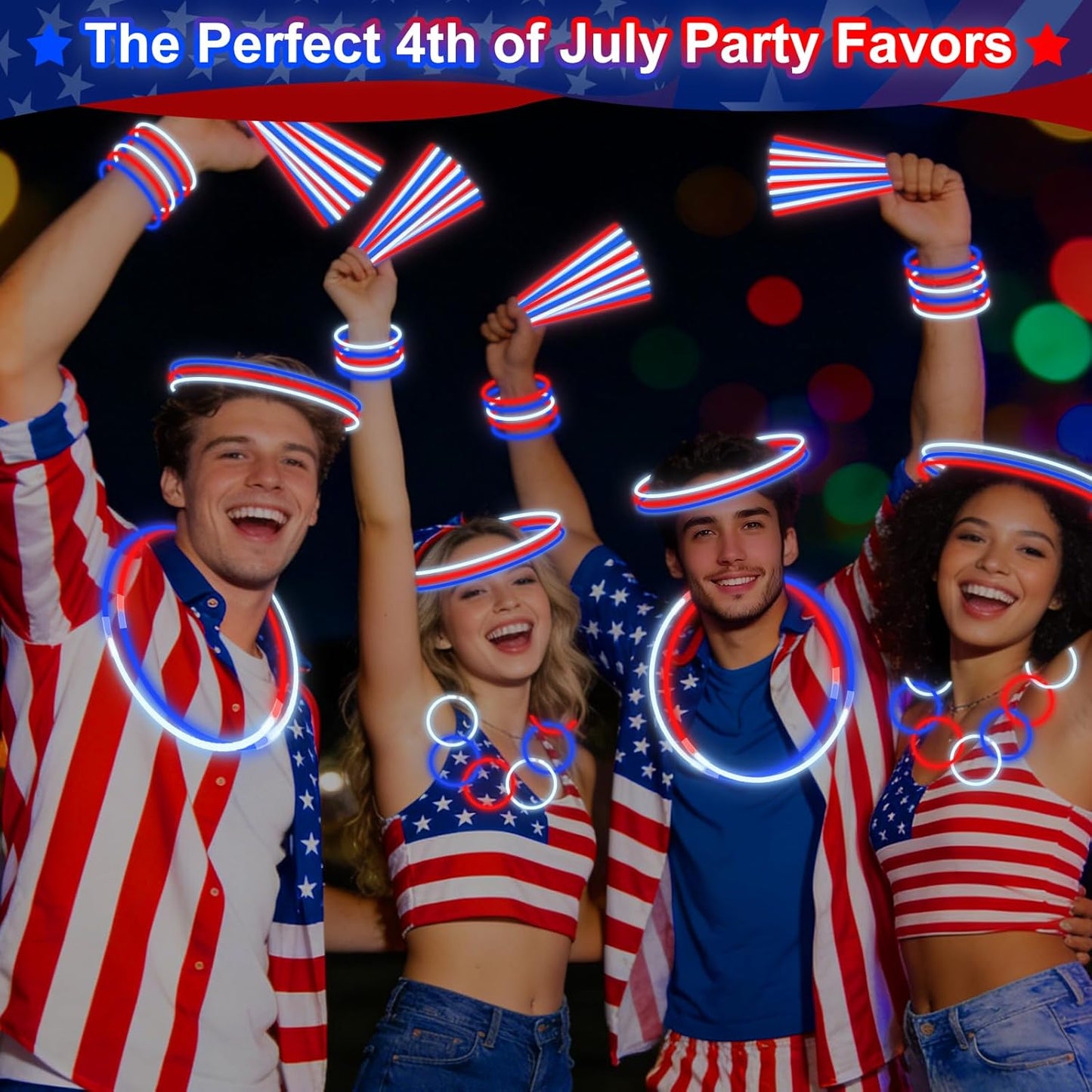 200 Pack 4th of July Glow Sticks Party Favors with Connectors,Patriotic Red White Blue Glow Stick Bracelets Nacklaces Glow in the Dark Party Accessories Memorial Day Decorations,250th Anniversary USA