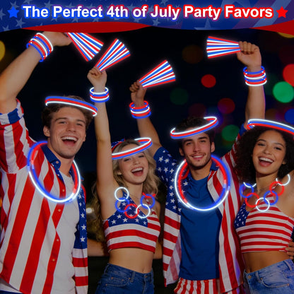 200 Pack 4th of July Glow Sticks Party Favors with Connectors,Patriotic Red White Blue Glow Stick Bracelets Nacklaces Glow in the Dark Party Accessories Memorial Day Decorations,250th Anniversary USA