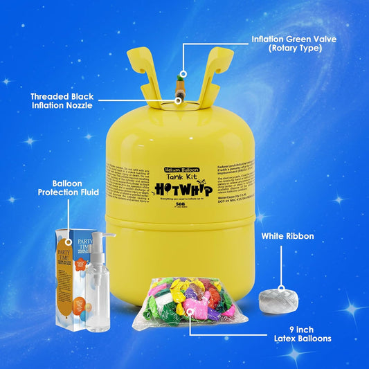 13L Helium Tank Up To 50 Latex Balloons, Helium Tank For Balloons At Home, 100ML Balloon Protection Fluid, 50 Latex Balloons And Ribbons Included, 1 Helium Tank