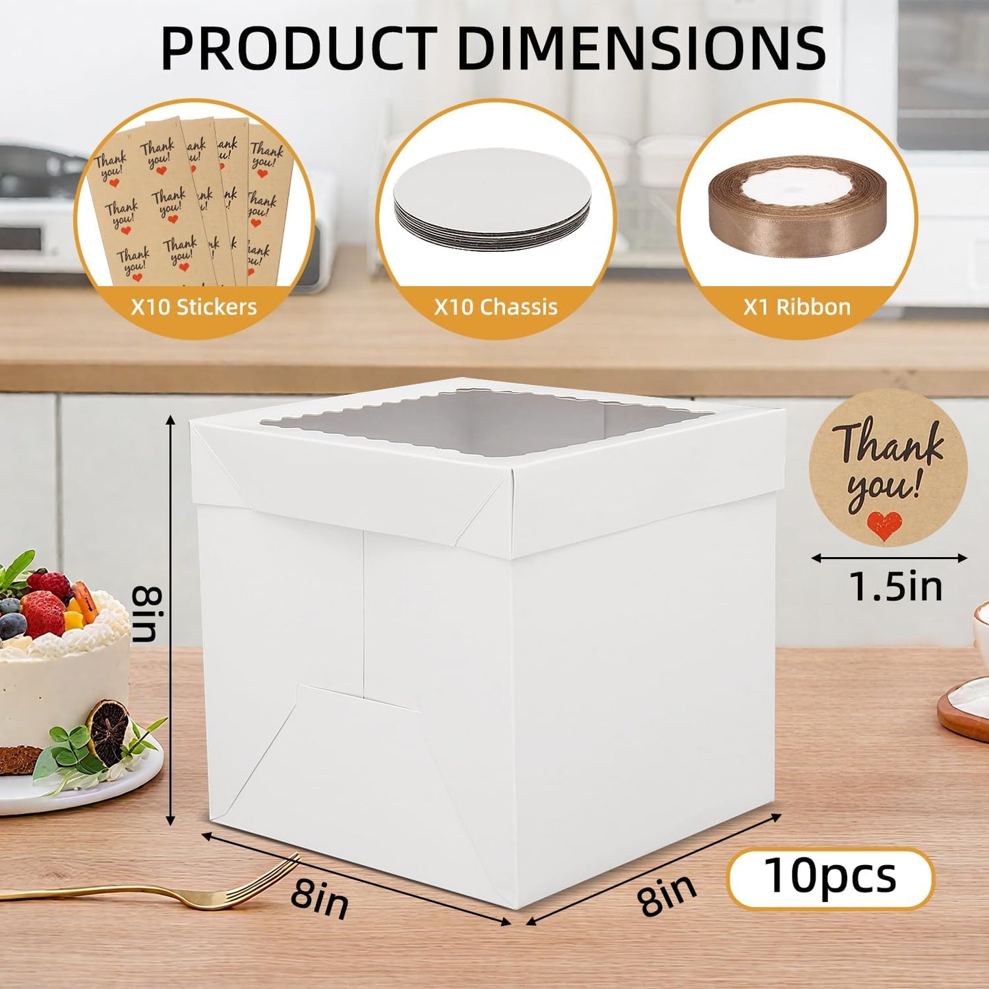 10 Pack Cake Boxes,Tall Cake Box with Window, White Bakery Boxes, 8x8x8 Inch Large Baking Boxes with Sticker, Cardboard Cake Box for Multi-Layer Cakes, Cake Decorating Supplies for Gift Giving
