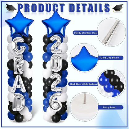 2 Sets Graduation Balloon Column Stand Kits with Balloons 2026 Grad Themed Decoration Navy Blue Balloon Tower Stand Kit for Grad High School & College Celebration Party Decor