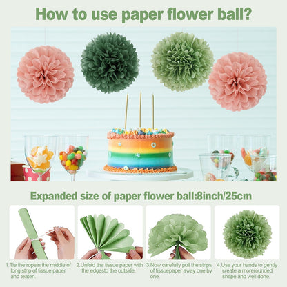 Sage Green and Pink Gold Birthday Party Decorations Kits with Happy Birthday Banner,Circle Dots Garland, Flower Pom poms,Honeycom Ball,Paper Fan,Swirls Hanging for Women Girls Decor Supplies