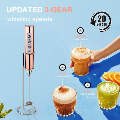 YUSWKO Black Handheld Milk Frother Wand for Coffee, Rechargeable Electric Whisk with 3 Heads 3 Speeds Drink Mixer Coffee Frother For Latte, Cappuccino, Hot Chocolate, Egg