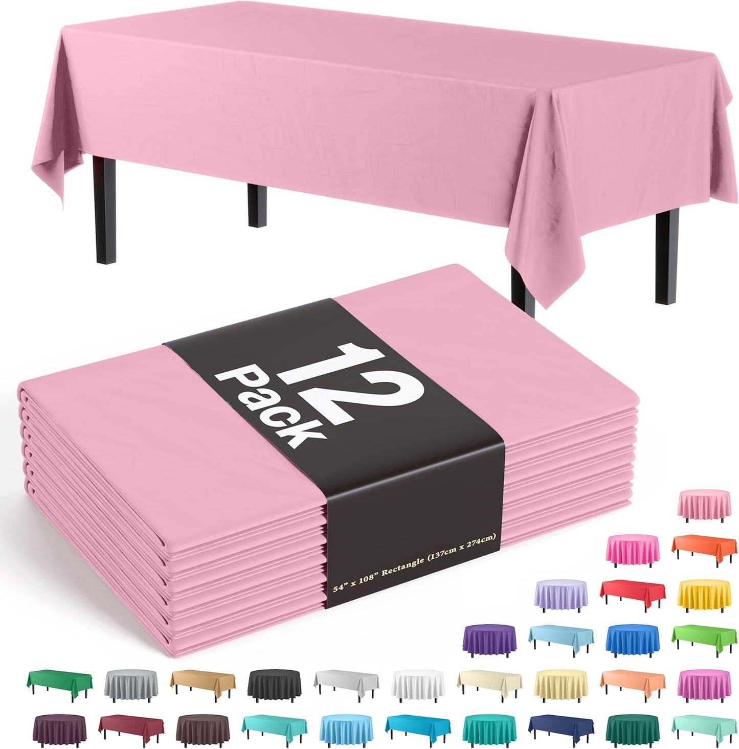 12-Pack Premium Plastic Tablecloth 54in. x 108in. Rectangle Table Cover - Dark Blue - Colors B
