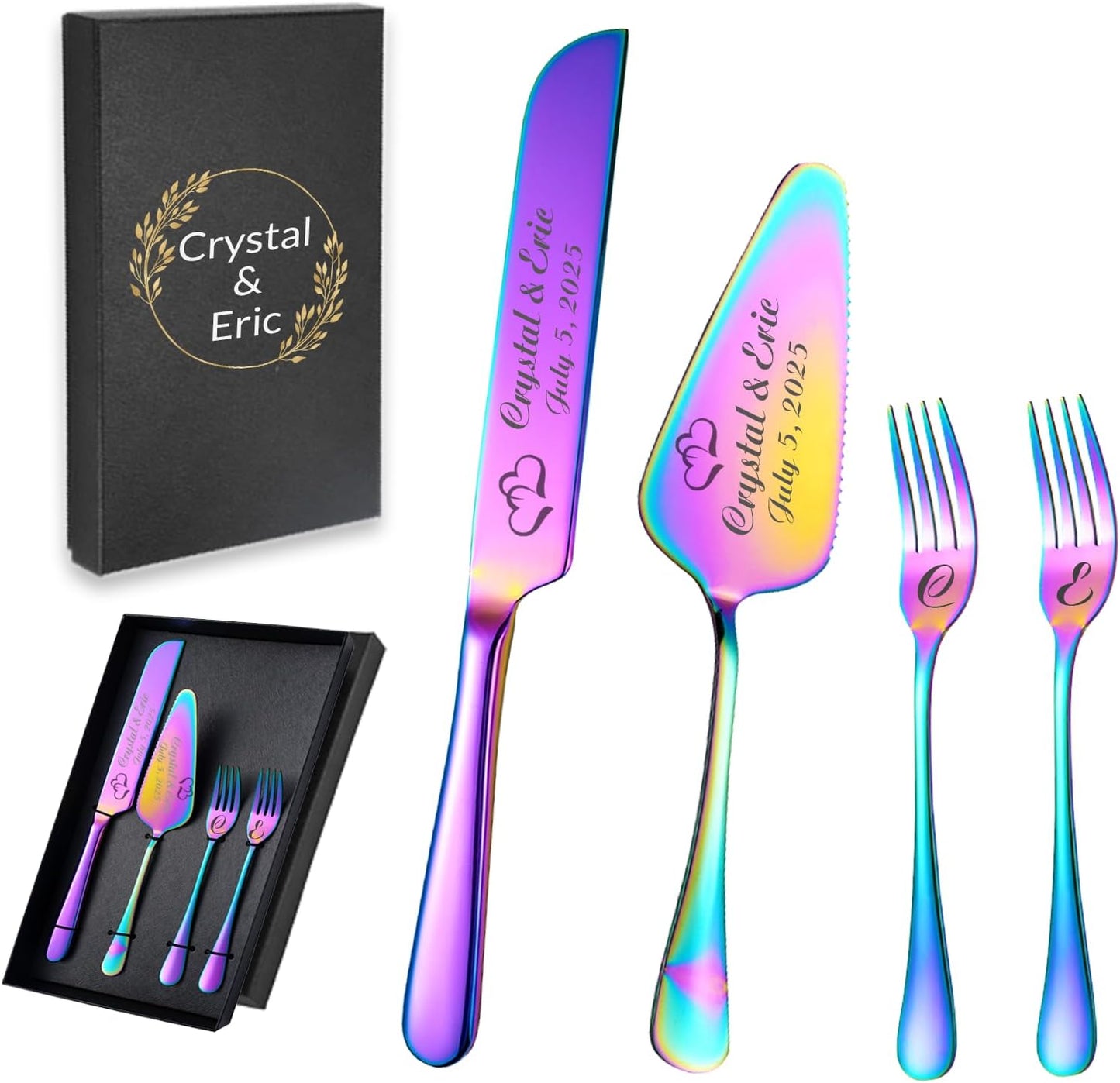 Personalized Wedding Cake Knife and Server Set, Wedding Gold Cake Cutting Set with Stainless Steel Forks, Customized Bridal Anniversary Birthday Wedding Registry Gifts for Couple (Non-customized)