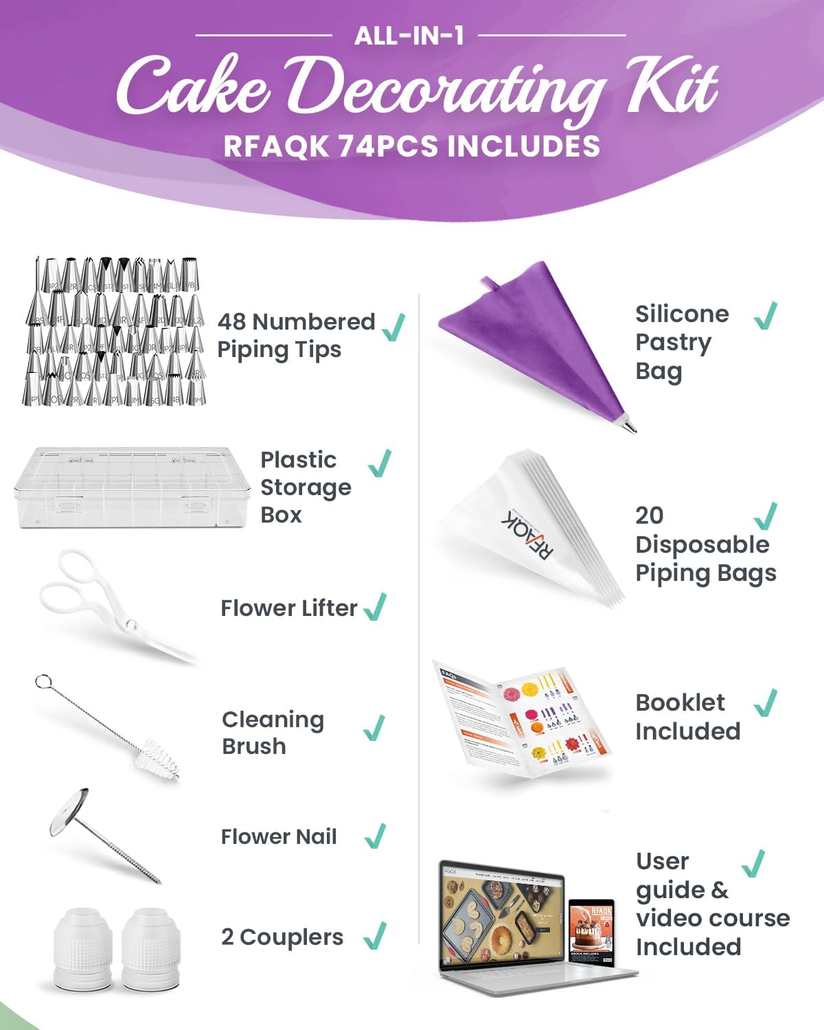 RFAQK 74 PCs Icing Piping Bags and Tips Set, Cake Decorating Kit with 48-Numbered Piping Tips, Anti Burst Pastry Bags for Cookie Cupcake Cake Decoration, Cake Decorating Tips Set with Booklet & E-book