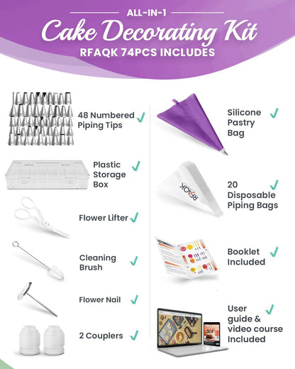 RFAQK 74 PCs Icing Piping Bags and Tips Set, Cake Decorating Kit with 48-Numbered Piping Tips, Anti Burst Pastry Bags for Cookie Cupcake Cake Decoration, Cake Decorating Tips Set with Booklet & E-book