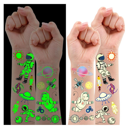Partywind 380 Styles (30 Sheets) Luminous Tattoos for Kids, Mixed Styles Temporary Tattoos Stickers with Mermaid/Dinosaur/Space/Pirate for Boys and Girls, Glow Party Supplies