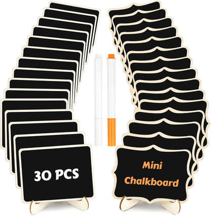 30 Pack Mini Chalkboard Signs, Food Labels for Party Buffet, Small Wooden Chalk Board Signs with Easel Stand & Markers, Reusable, Zero Residue Place Cards for Table Setting or Numbers, Outdoor Indoor