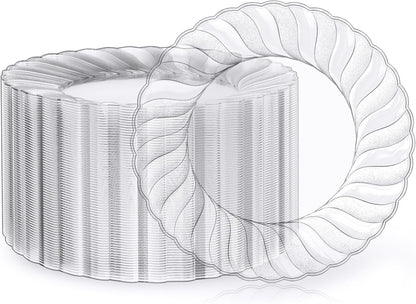 FOCUSLINE 100 Count 6 Inch Clear Plastic Plates, Disposable Heavy Duty Salad Dessert Plates- Premium Hard Plastic Plate Fancy Disposable Clear Plate for Weddings, Parties and Events