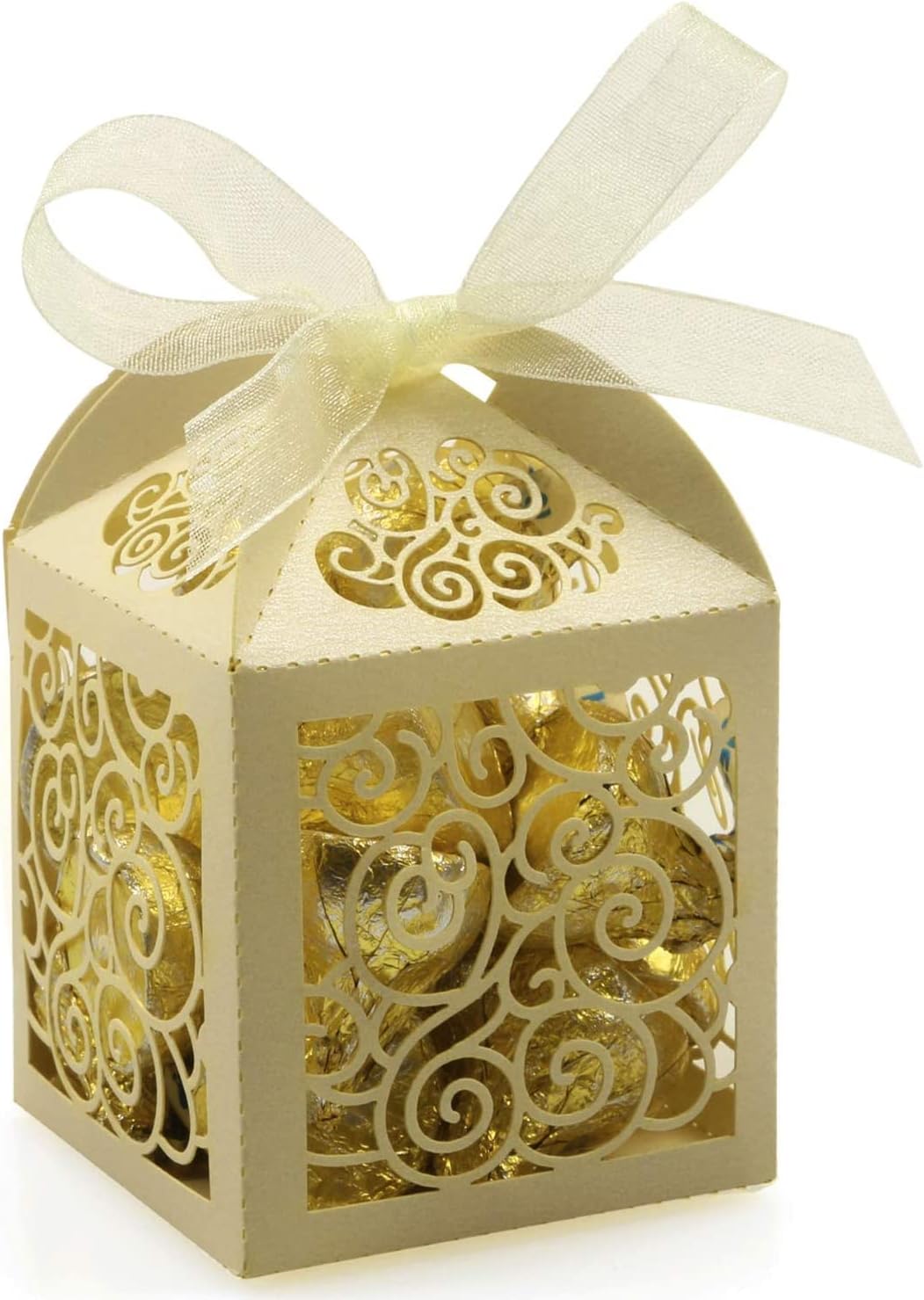 KPOSIYA 100 Pack Wedding Favor Boxes Laser Cut Boxes Party Favor Box Small Gift Boxes Lace Candy Boxes for Wedding Bridal Shower Baby Shower Birthday Party Anniverary with Ribbons (Pink, 100)